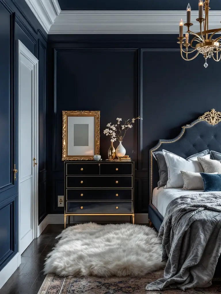 A cozy guest bedroom with rich navy blue walls, contrasted by crisp white trims and subtle gold accents.