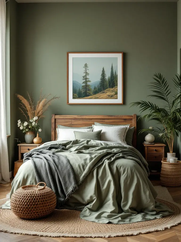 A nature-inspired bedroom with walls painted in a soft moss green, accented by touches of bark brown and muted sky blue.