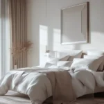 A serene bedroom designed with soft beige walls, creating a timeless and elegant retreat.