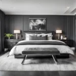 A sophisticated bedroom featuring deep charcoal gray walls, creating a sleek and masculine vibe