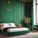 A striking bedroom with walls painted in a bold emerald green