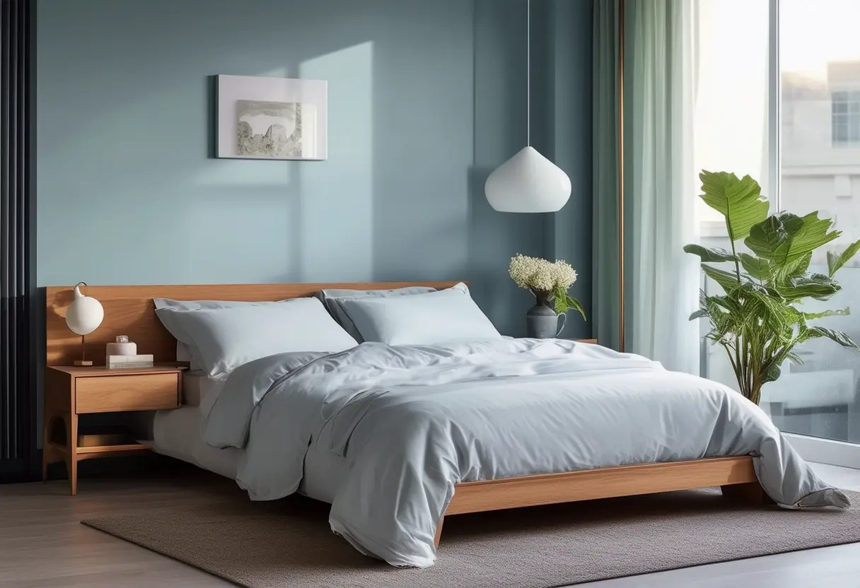 A tranquil bedroom designed with soft, muted colors specifically chosen to promote restful sleep