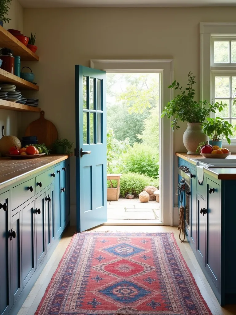 Bright kitchen with colorful dishes, blue island, and Dutch door to garden