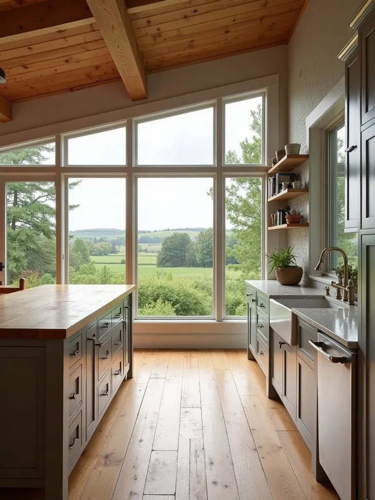 Bright kitchen with vintage sink, high cabinets, and rolling ladder