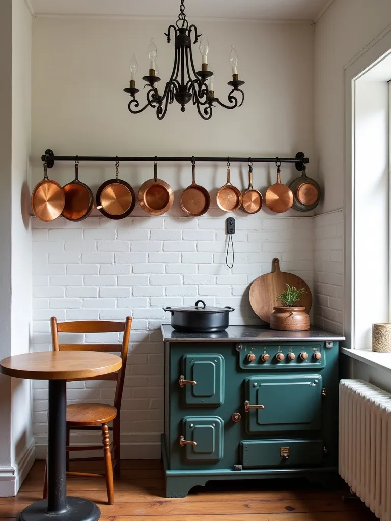 Charming kitchen nook with vintage stove and wrought iron chandelier