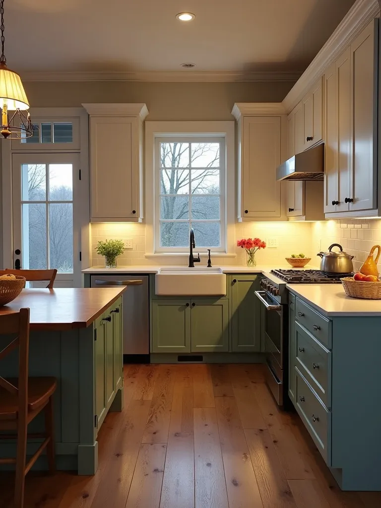 Cozy farmhouse kitchen at dusk with sage and white cabinets and warm lighting