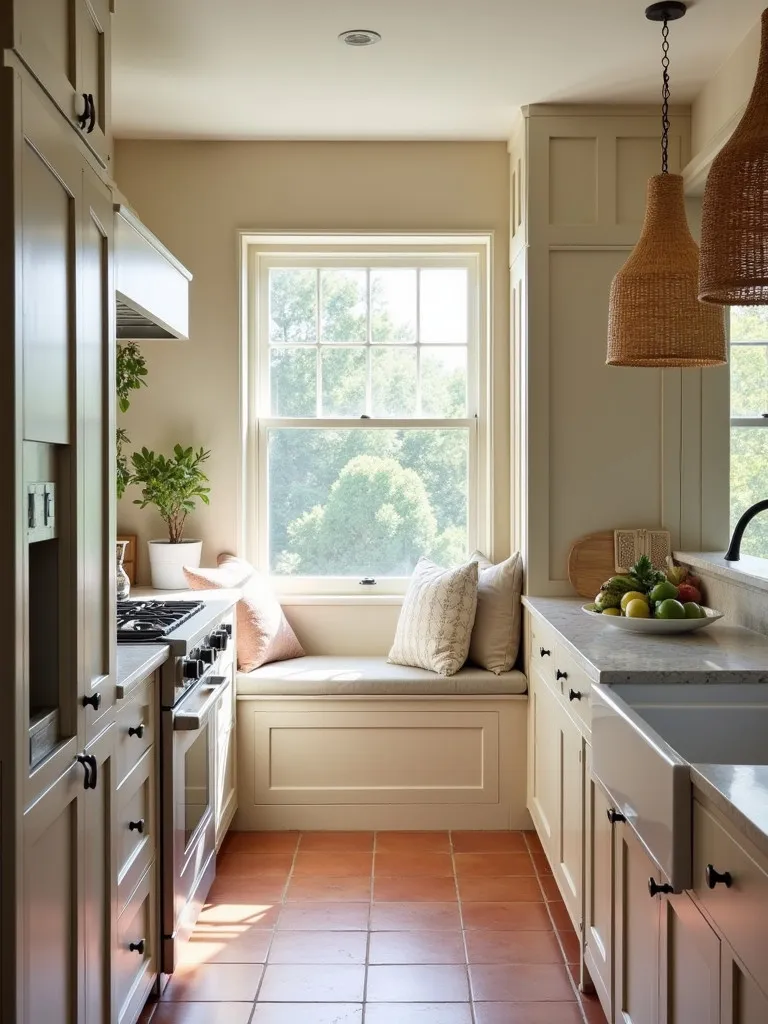 Cozy farmhouse kitchen corner with window seat, terracotta tiles, and woven lights
