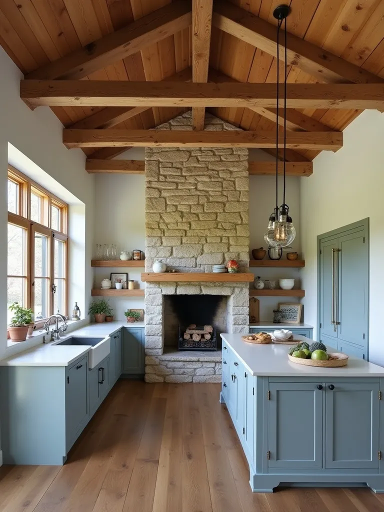 Cozy farmhouse kitchen featuring stone fireplace and blue gray cabinetry