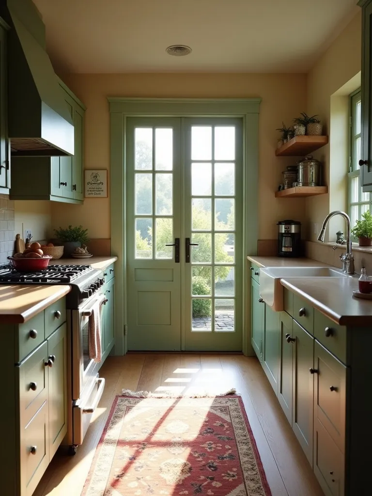 Cozy farmhouse kitchen with sage green cabinets and Dutch door