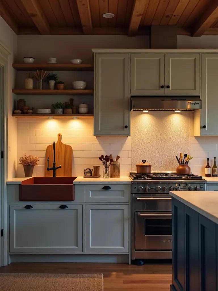 Cozy farmhouse kitchen with warm lighting and copper accents