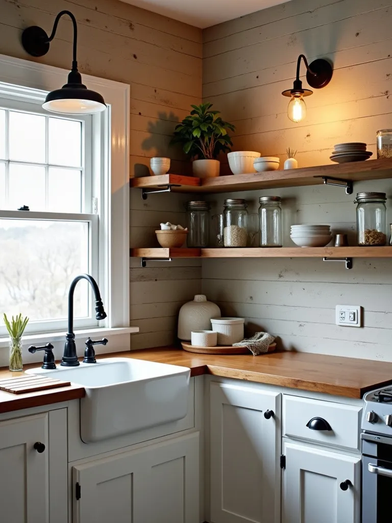 Cozy kitchen nook with reclaimed wood and wrought iron lighting
