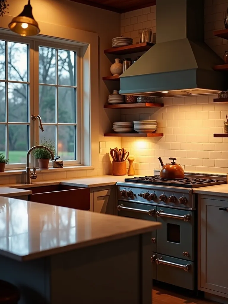 Dusk lit kitchen with quartz countertop and vintage range cooker