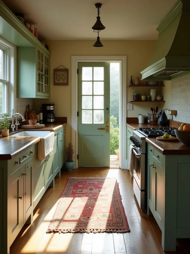 Early morning light in farmhouse kitchen with green cabinets