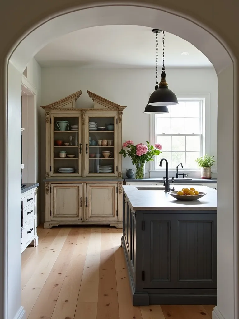 Eclectic farmhouse kitchen with antique hutch and concrete countertops
