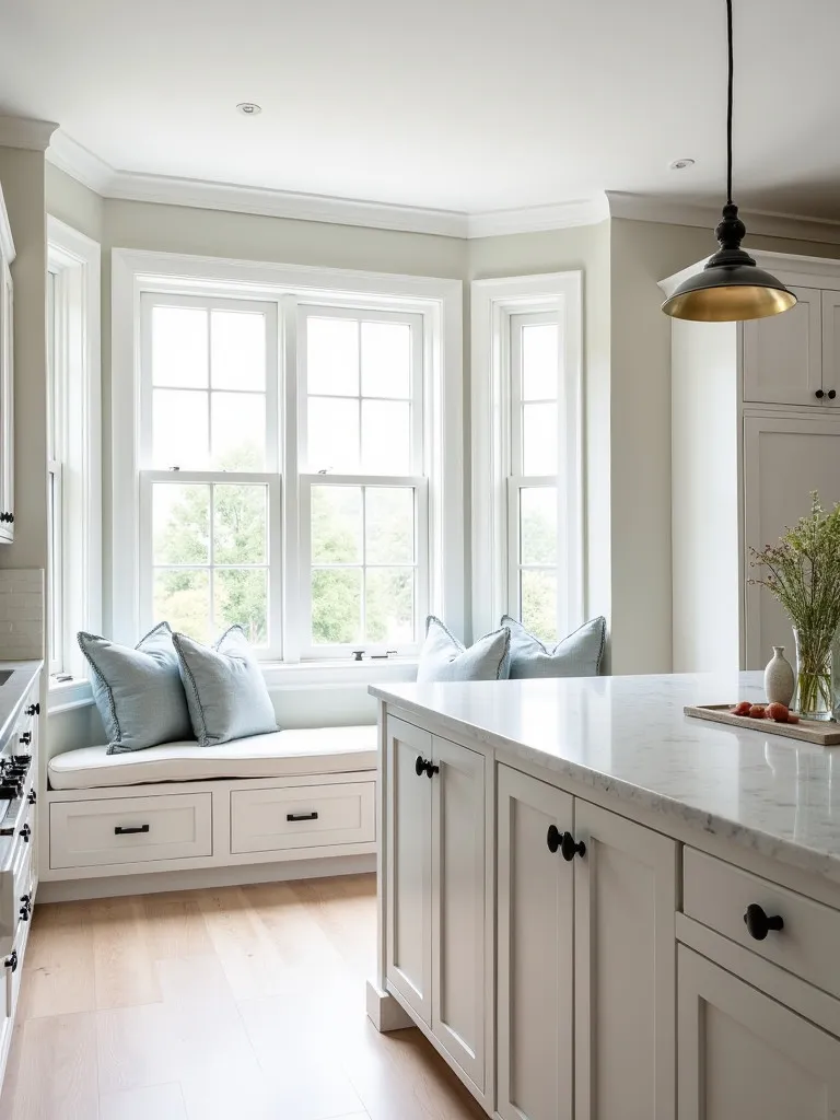 Elegant farmhouse kitchen with white cabinets and central marble island