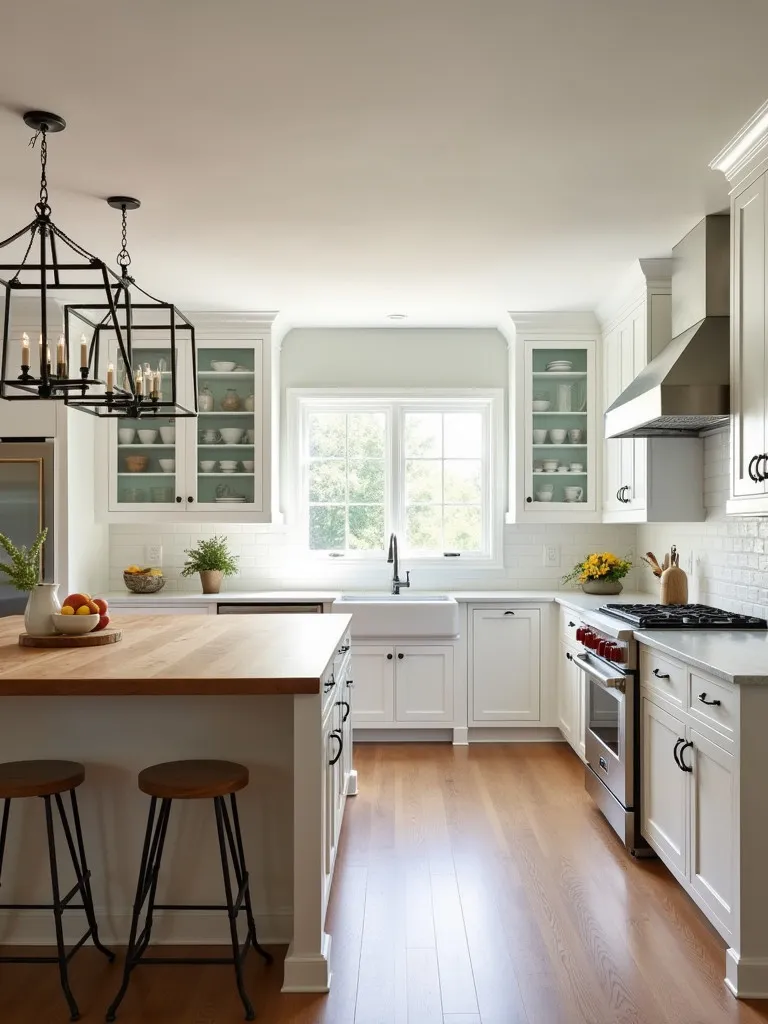 Elevated view of light filled farmhouse kitchen with glass cabinets