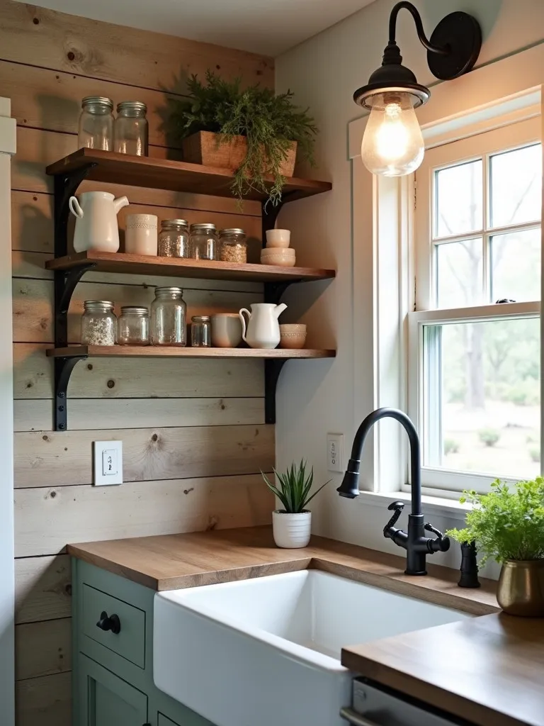 Farmhouse kitchen corner with vintage sink and open shelving
