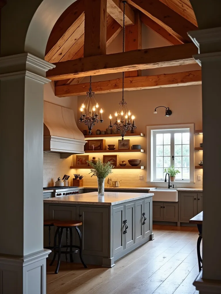 Farmhouse kitchen featuring candle style chandeliers and LED illuminated open shelving