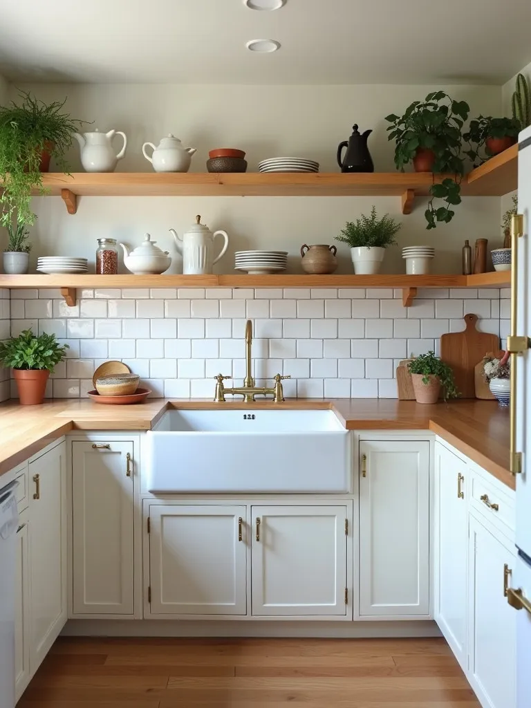 Farmhouse kitchen with apron front sink, subway tiles, and open shelves