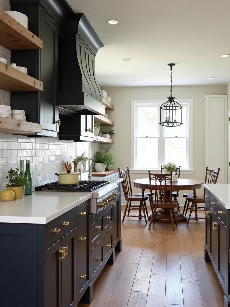 Farmhouse kitchen with black beadboard cabinets and brass hardware