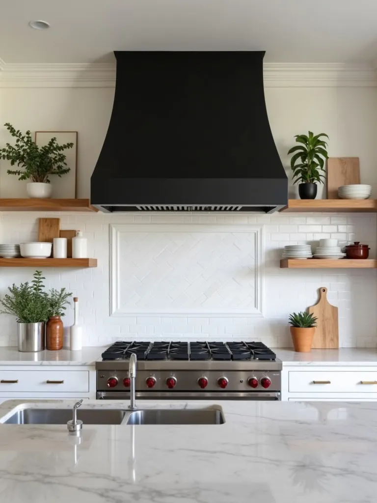 Farmhouse kitchen with black range hood, wood shelving, and marble island