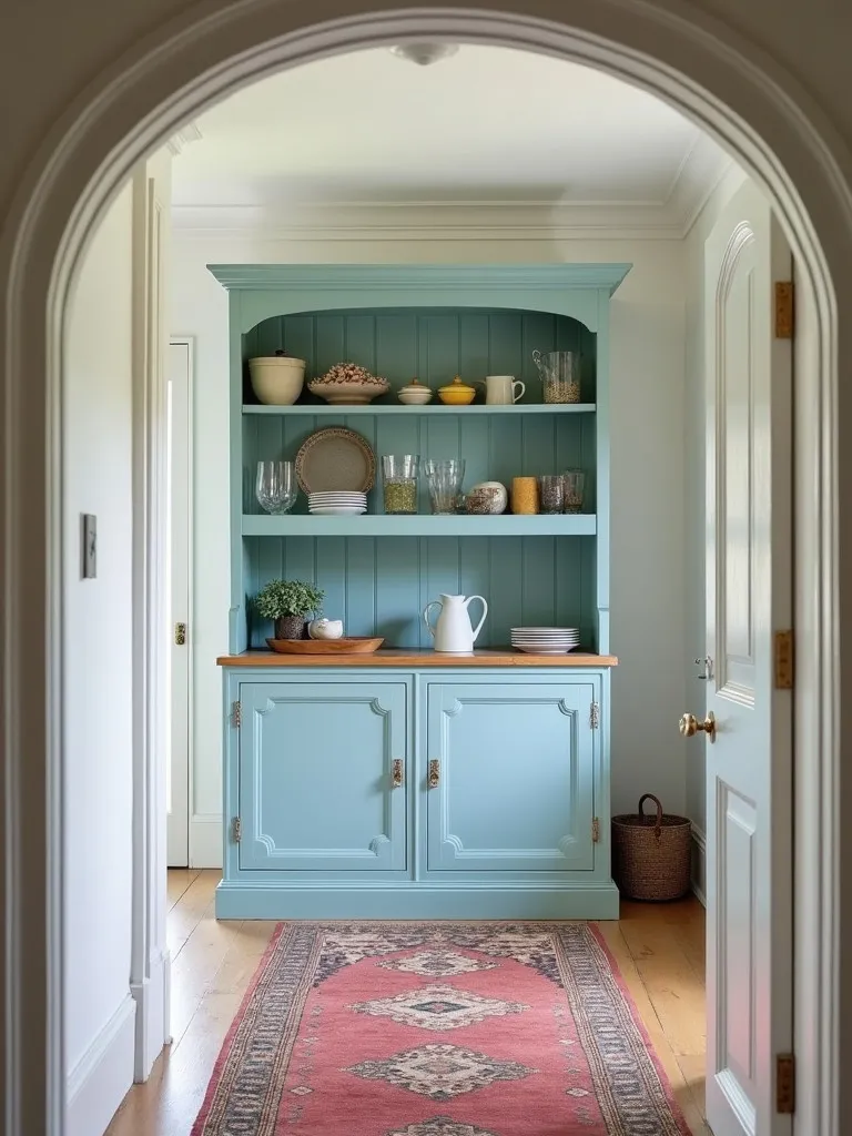 Farmhouse kitchen with blue antique hutch, white walls, and vintage rug