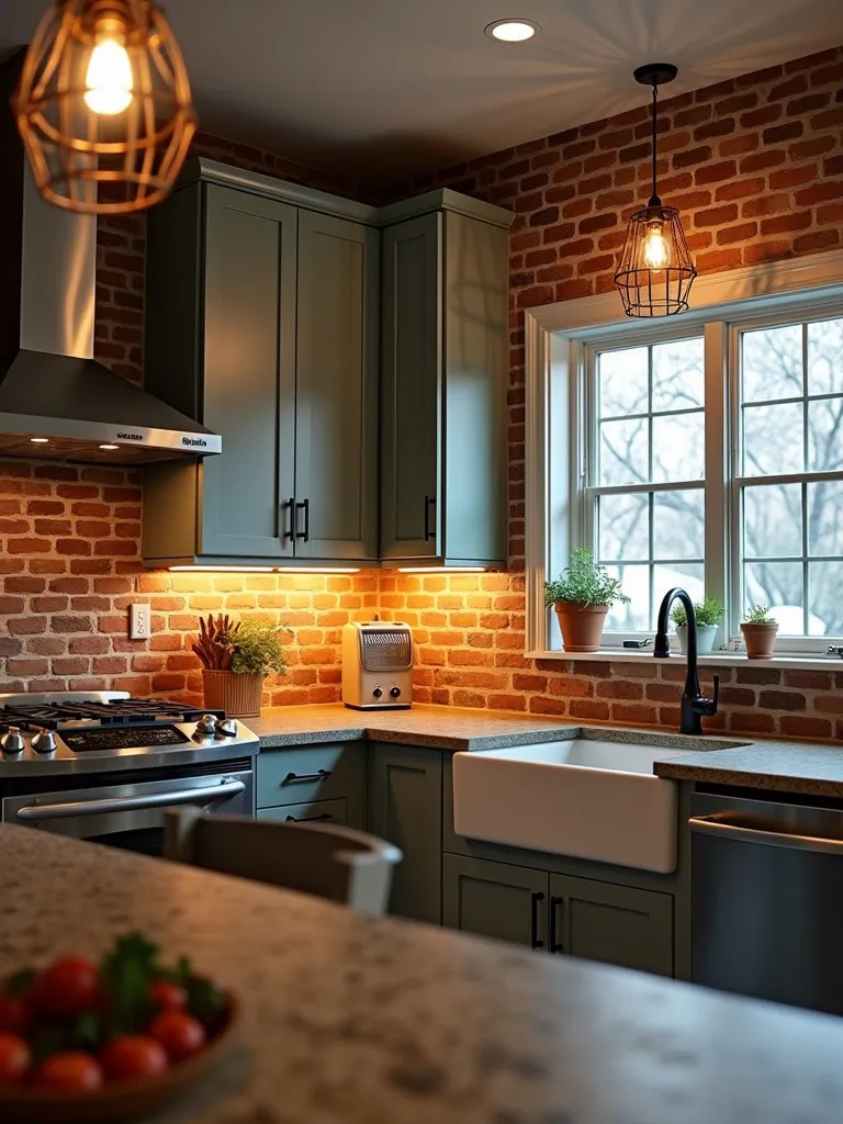 Farmhouse kitchen with brick wall, spotlights, under cabinet LEDs, and industrial pendant