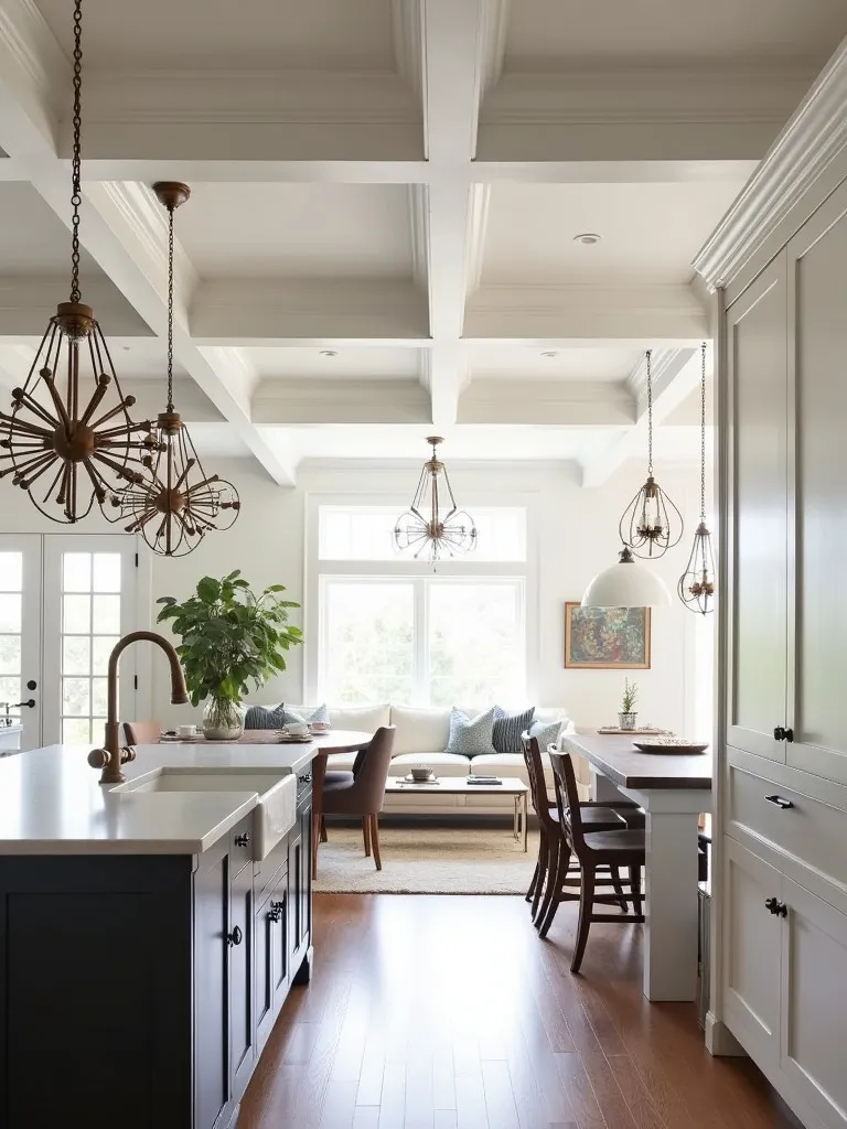 Farmhouse kitchen with coffered ceiling, sputnik chandelier, and globe pendant lights