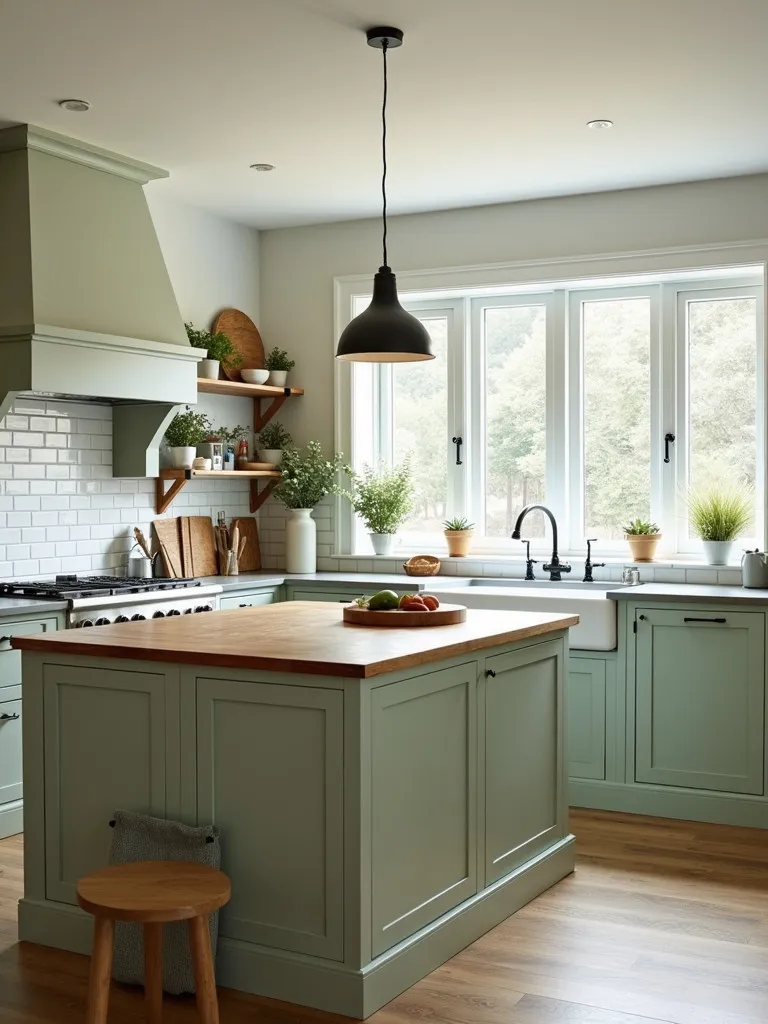 Farmhouse kitchen with green cabinets, butcher block island, and white subway tiles