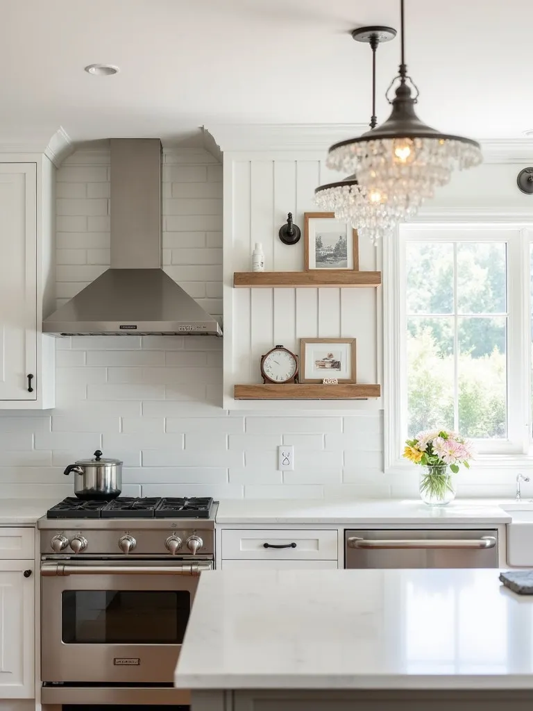 Farmhouse kitchen with industrial sconces and crystal chandelier over eat in area