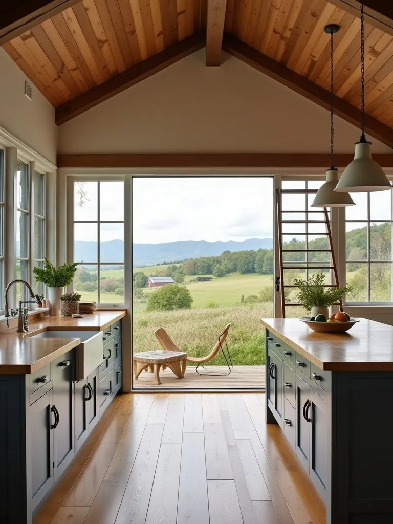Farmhouse kitchen with large windows, butcher block island, and countryside view