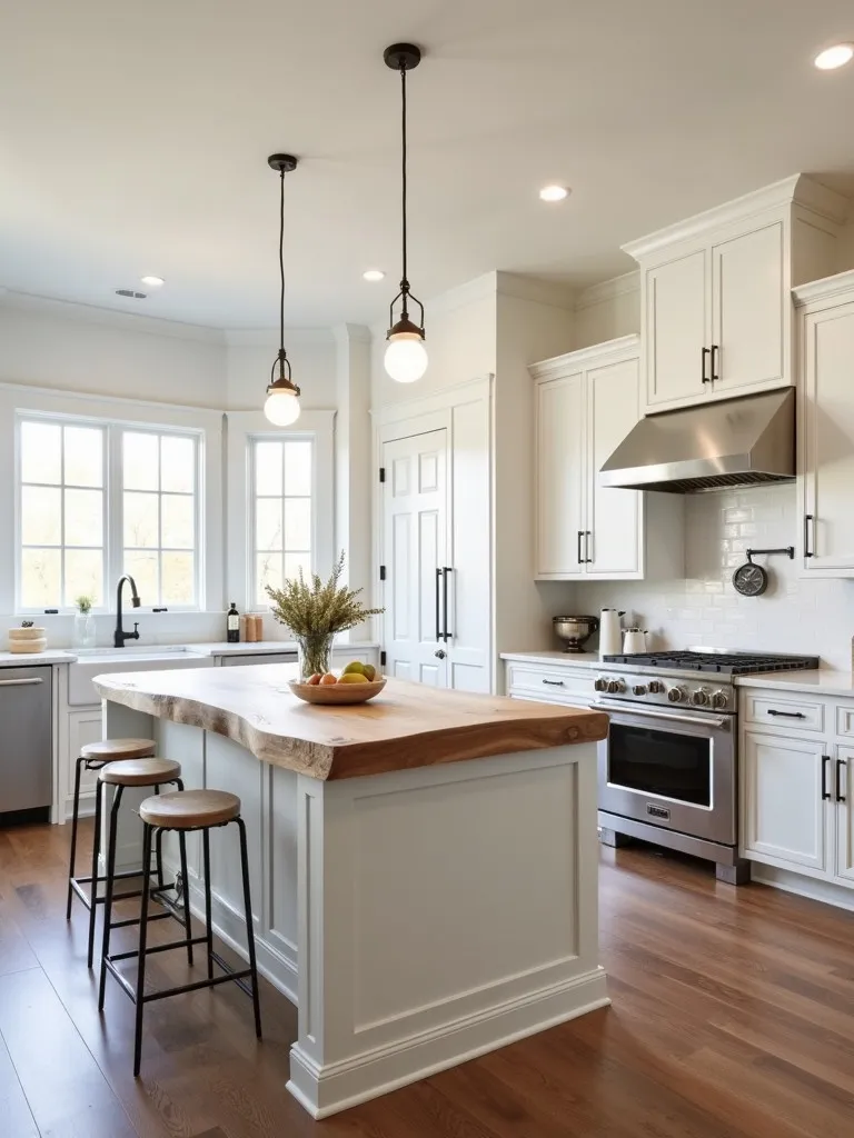 Farmhouse kitchen with live edge wood island and white cabinets