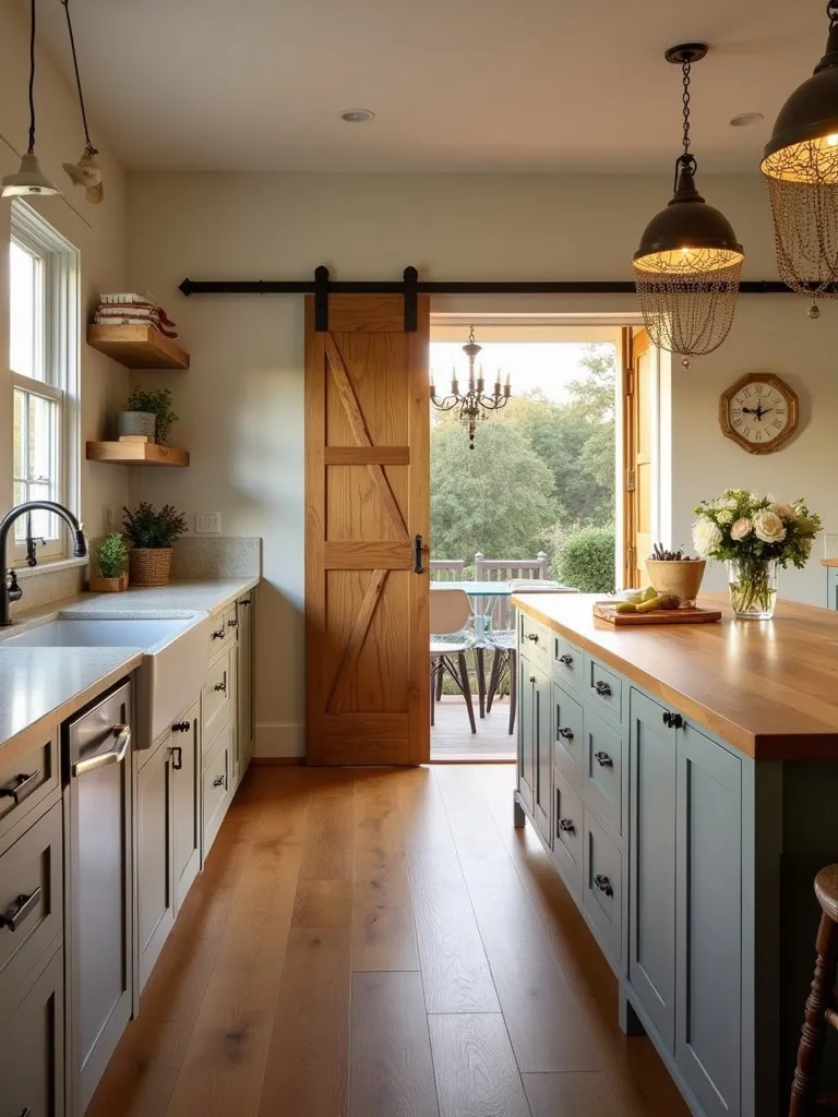 Farmhouse kitchen with mixed cabinet finishes and barn door