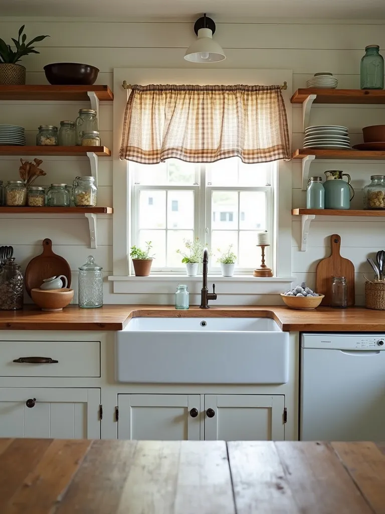 Farmhouse kitchen with vintage dishes, gingham curtains, and wood table