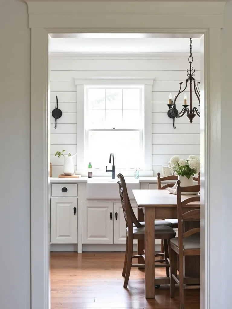 Farmhouse kitchen with white shiplap walls, window, wall sconces, and vintage chandelier