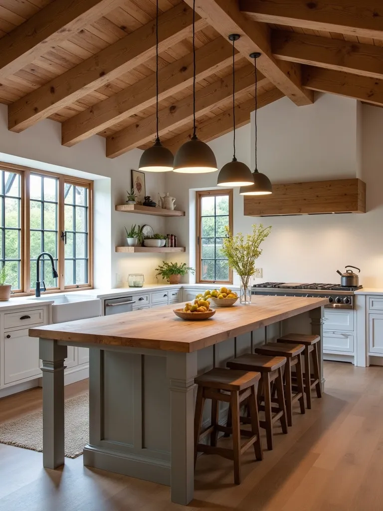 Farmhouse kitchen with wooden island and pendant lights hanging from exposed beams