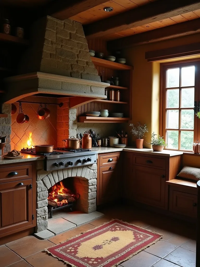 Firelit view of rustic kitchen with hearth and hanging copper pots