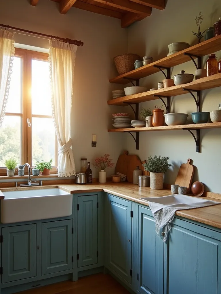 Golden hour lit farmhouse kitchen with blue cabinets and rustic elements