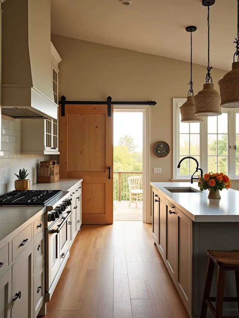 Golden hour lit kitchen with large island and barn door pantry