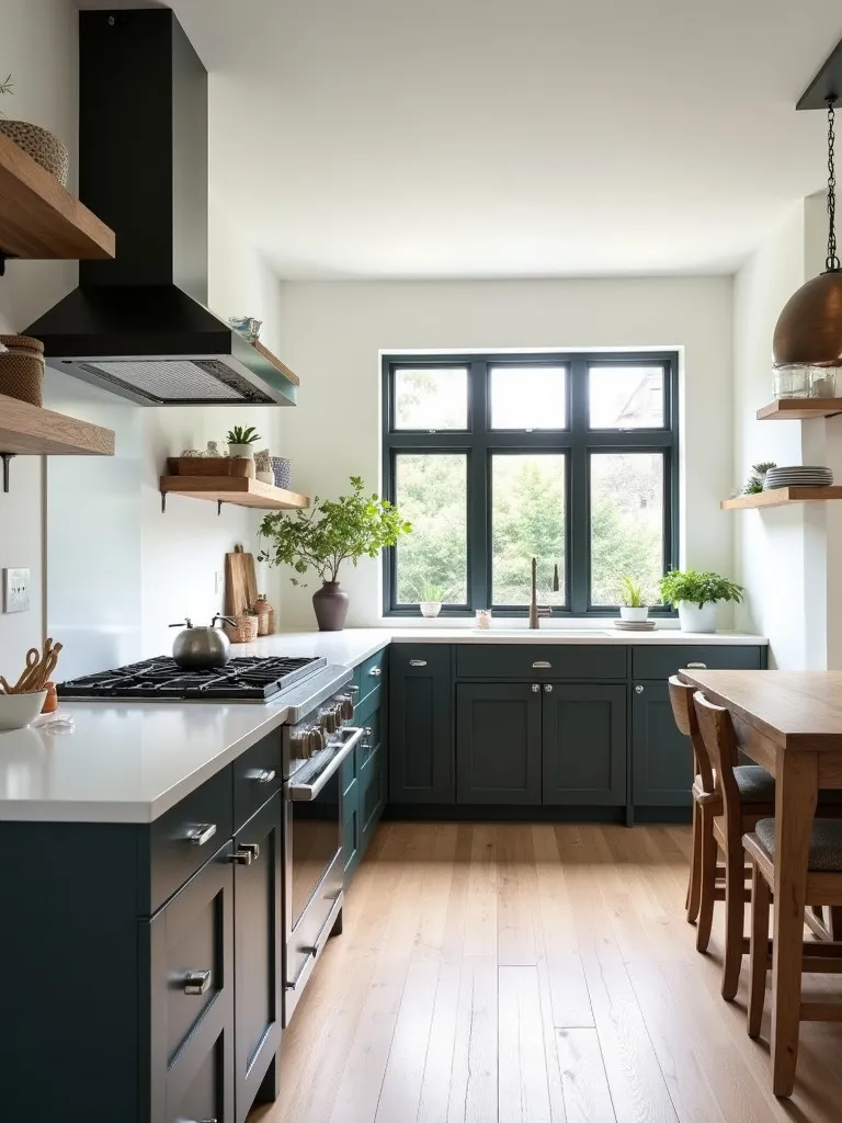 High angle view of farmhouse kitchen with contrasting cabinet colors