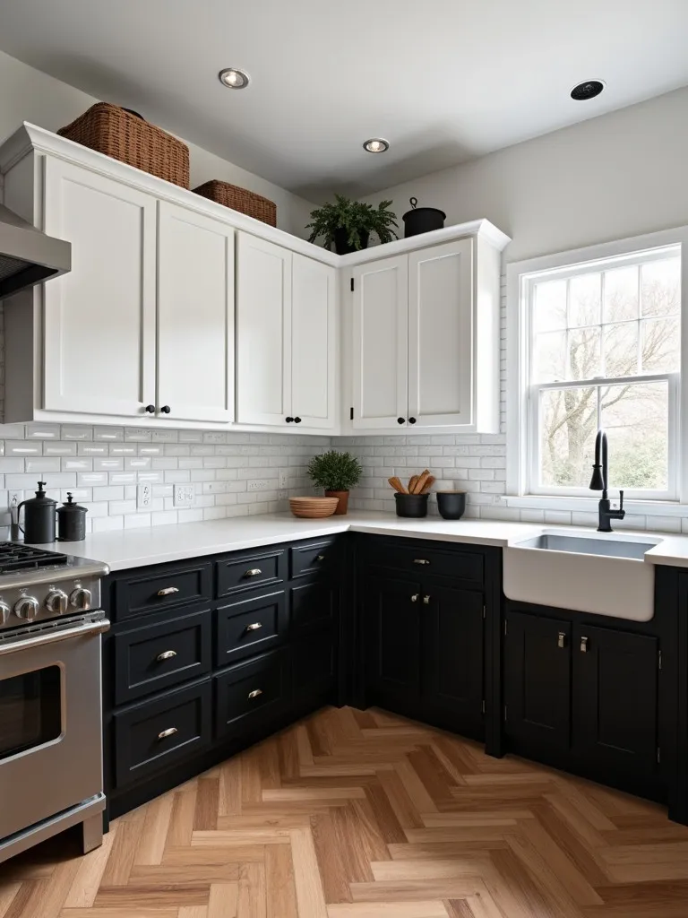 High contrast farmhouse kitchen with herringbone wood floor