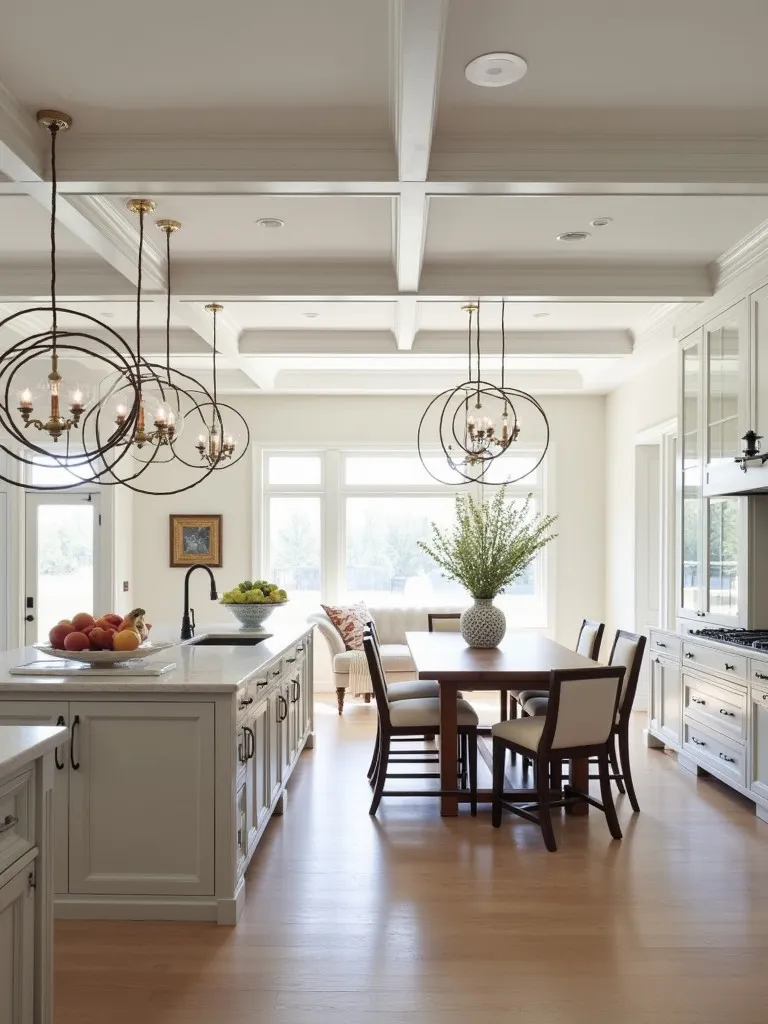 Kitchen featuring modern sputnik chandelier and series of small globe pendants