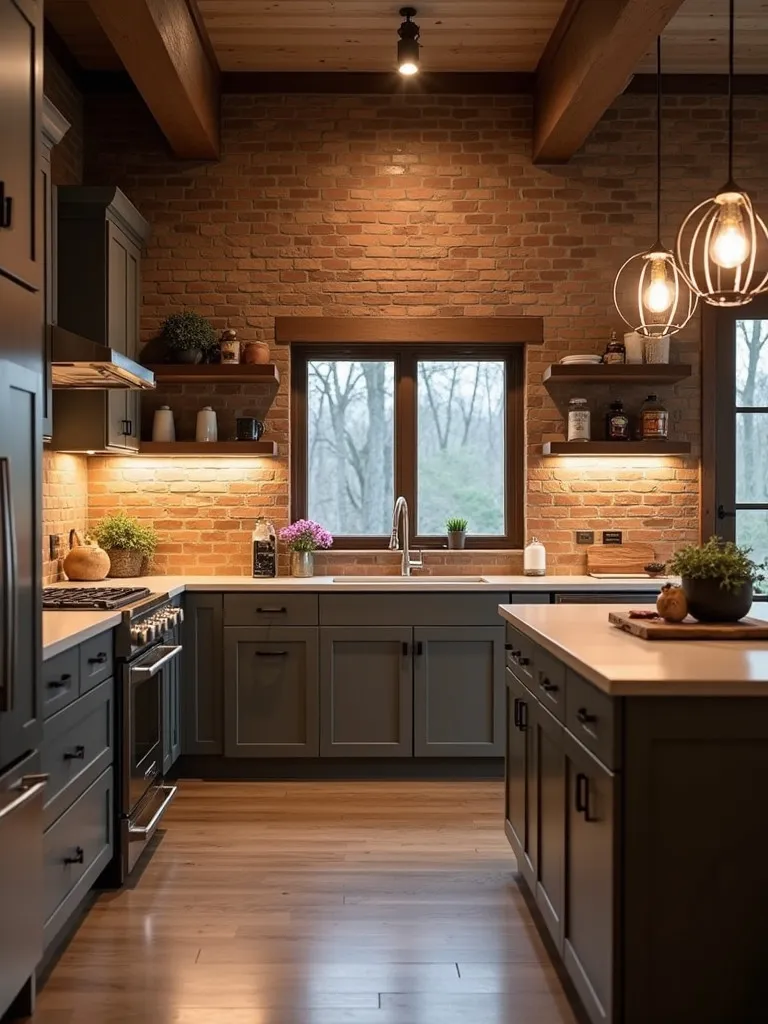Kitchen with exposed brick, diverse lighting including spotlights and cage pendant