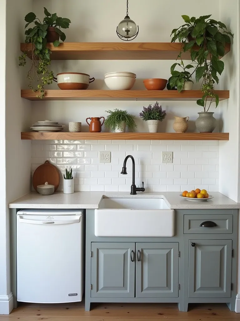 Kitchen with vintage fridge, modern sink, and plant filled open shelves