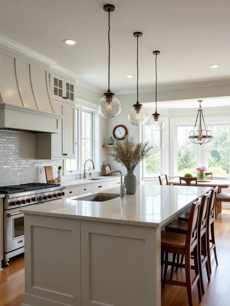 Large kitchen island illuminated by three vintage style glass pendants and recessed lights