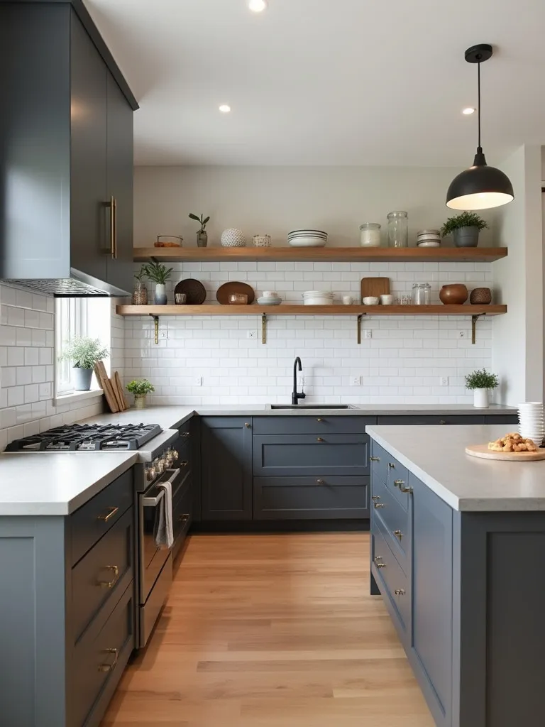 Low angle view of modern farmhouse kitchen with clean lines