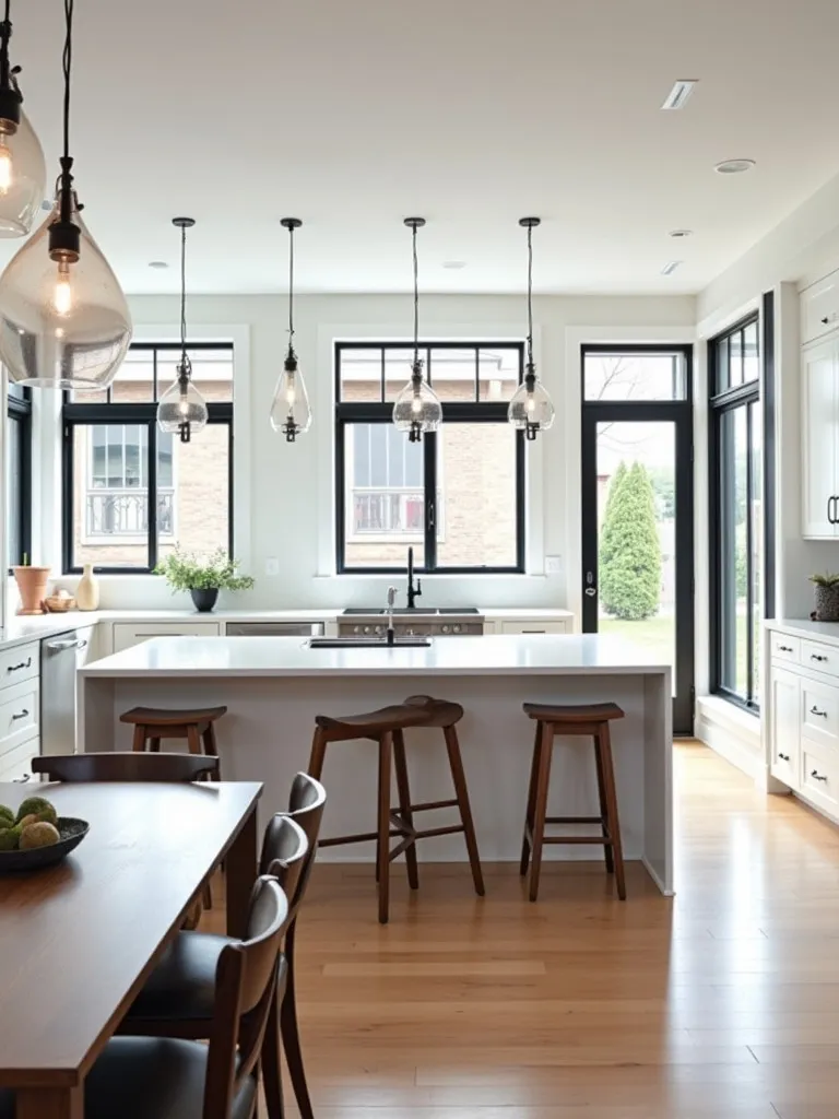 Modern farmhouse kitchen with black framed windows and industrial lighting