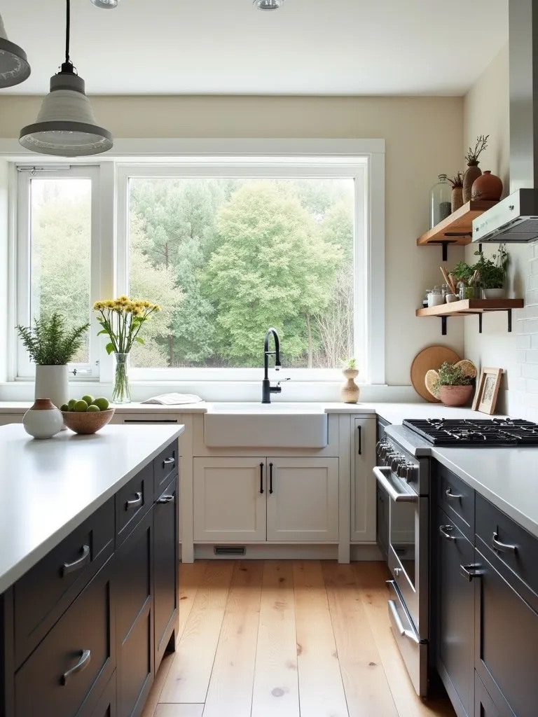 Modern farmhouse kitchen with two tone cabinets and large window