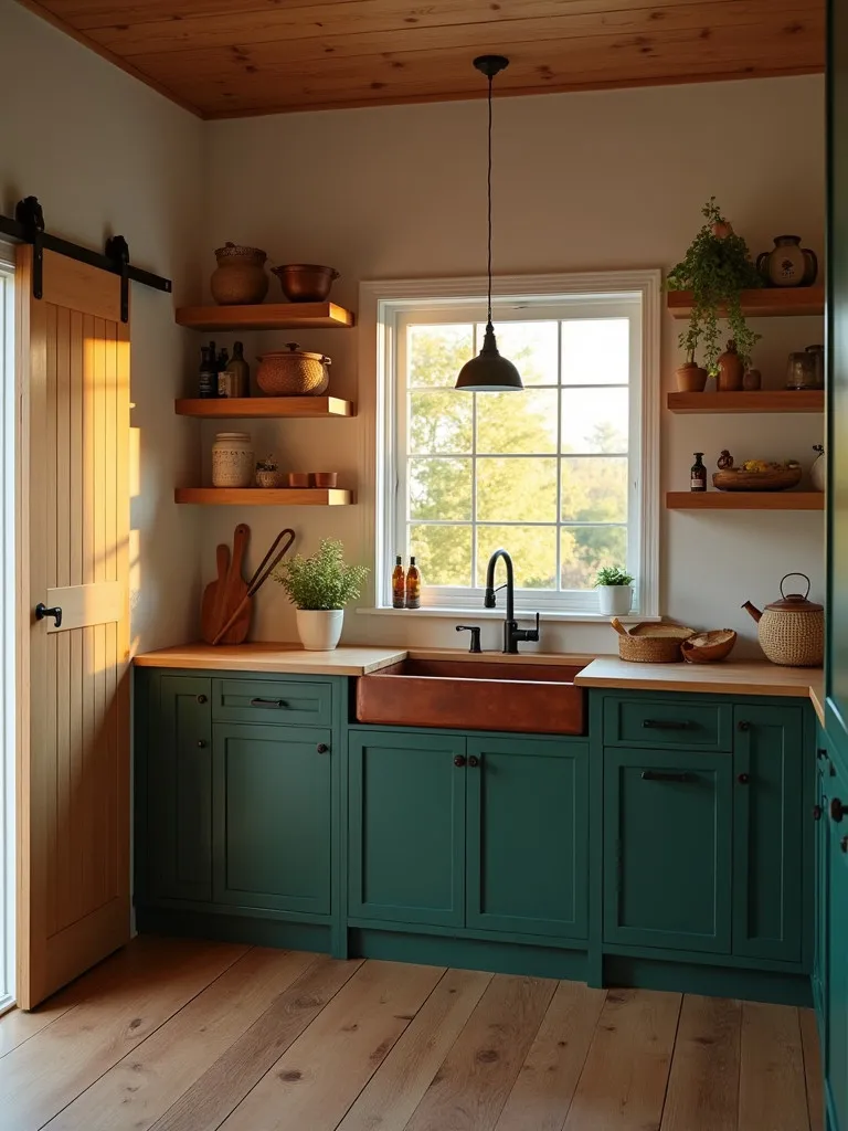 Nature inspired farmhouse kitchen with green cabinetry and copper elements
