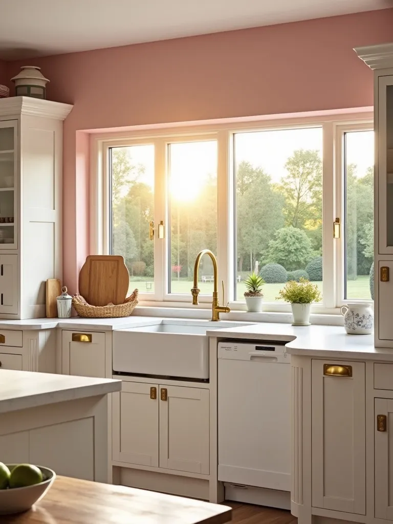 Nature inspired farmhouse kitchen with pink walls and large garden view window